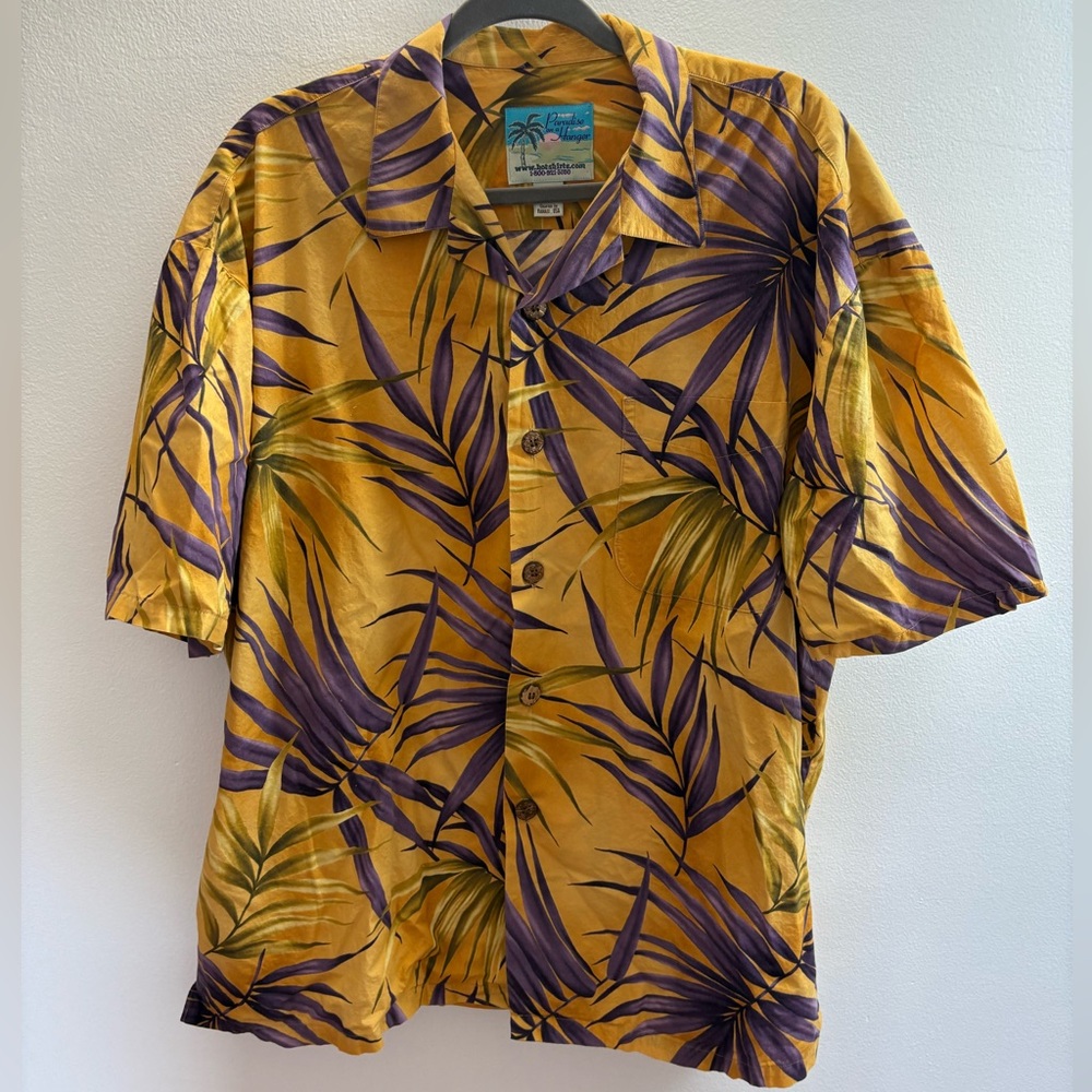 Paradise On A Hanger Yellow Palm Leaf Print Hawaiian Shirt XL